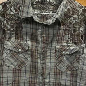 Vintage POP ICON CLOTHING Plaid Embroidered Shirt - Brown and Gray